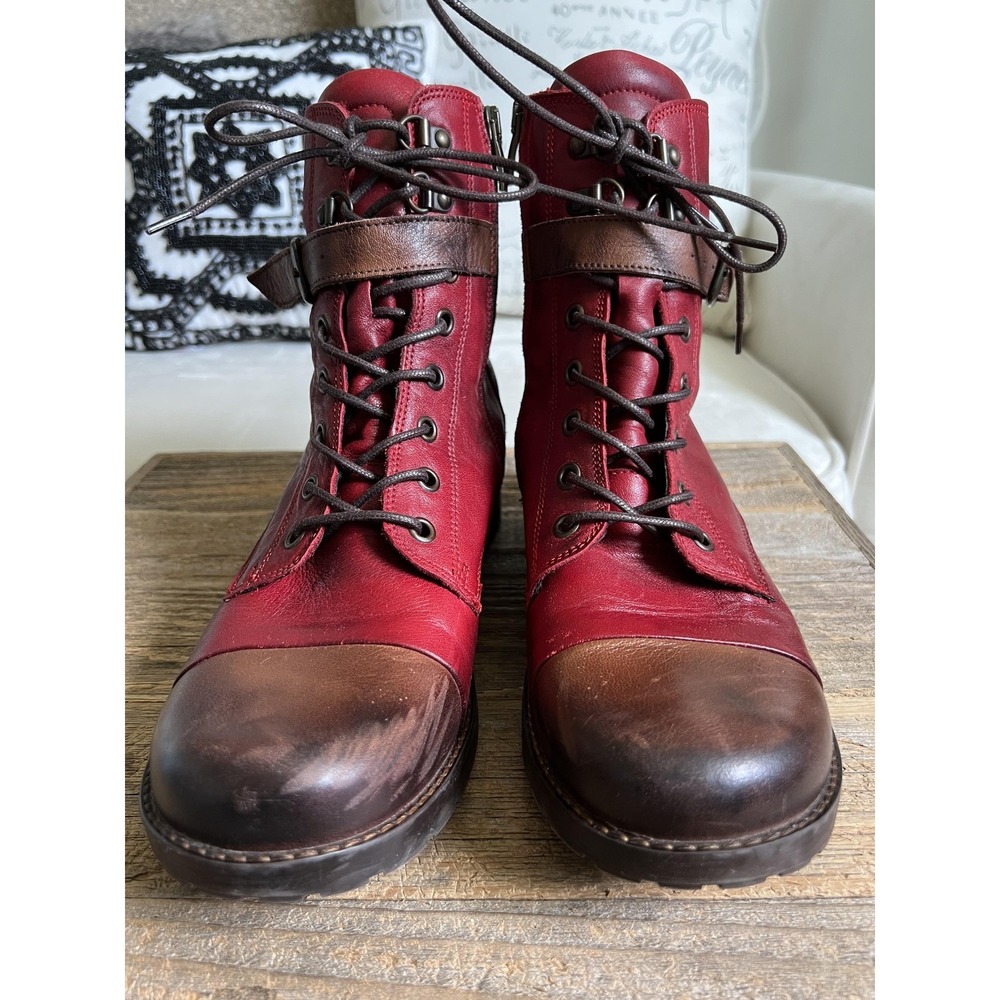Jafa Boots Womens Size 41 10 Red Brown Leather Combat Ankle Buckle Zip Lace Up - Picture 4 of 13